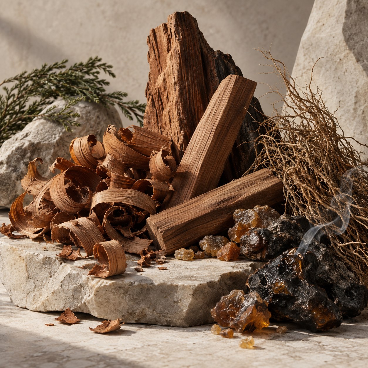 Woody scent family with cedar, sandalwood and resin